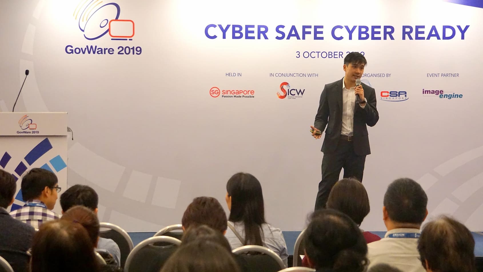 Mr Shane Woo, an associate cybersecurity analyst at GovTech speaking at a cybersecurity conference