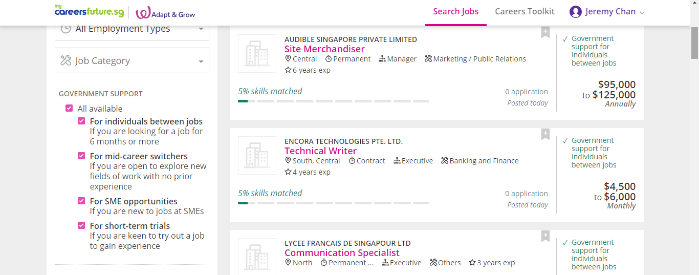 Browse through the different job postings on MyCareersFuture.sg portal