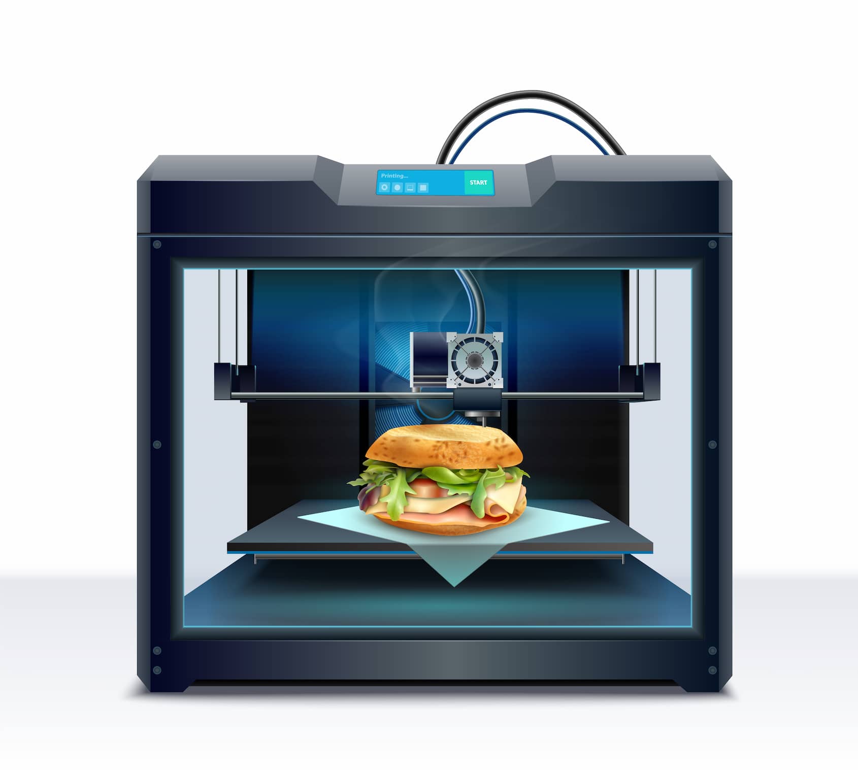 Graphic of burger being 3D printed using organic materials