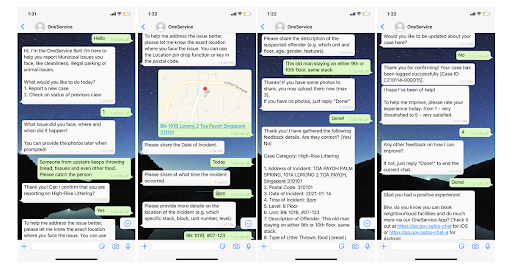 Chatting with the OneService chatbot via Whatsapp to report issues
