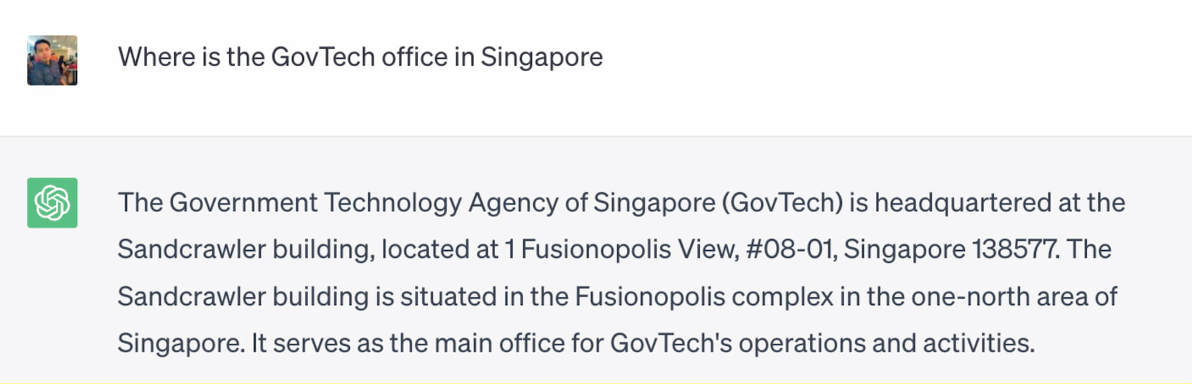 ChatGPT's (Generative AI) inaccurate response to the query on where is GovTech office in Singapore