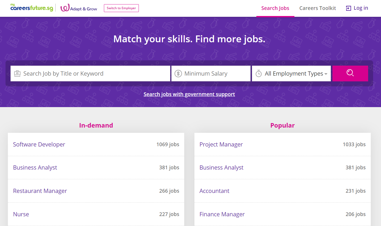 MyCareersFuture screenshot from website - helping people find jobs within the government