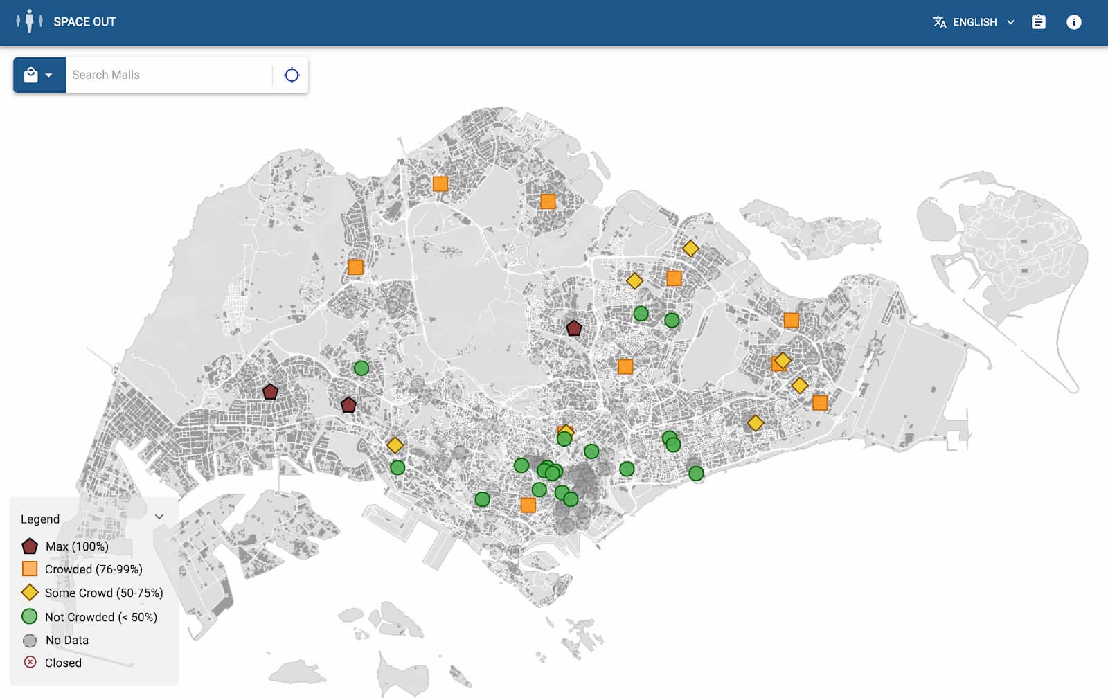 A snapshot of crowd levels of participating malls across Singapore. Users can click on each symbol to check recent trends of crowd levels.