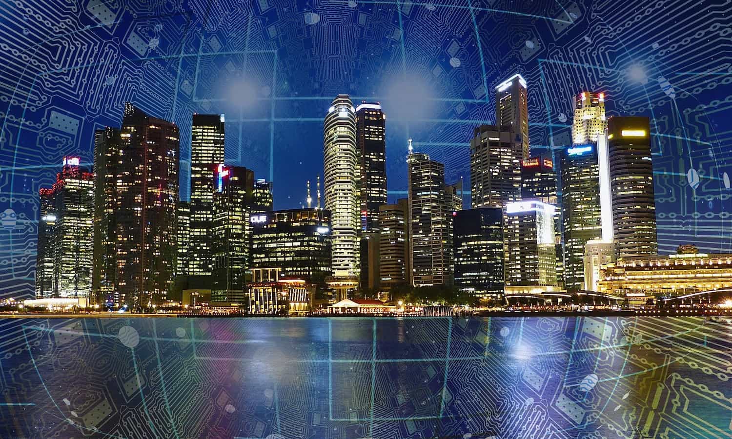 Outline of a city at night and how smart cities are built